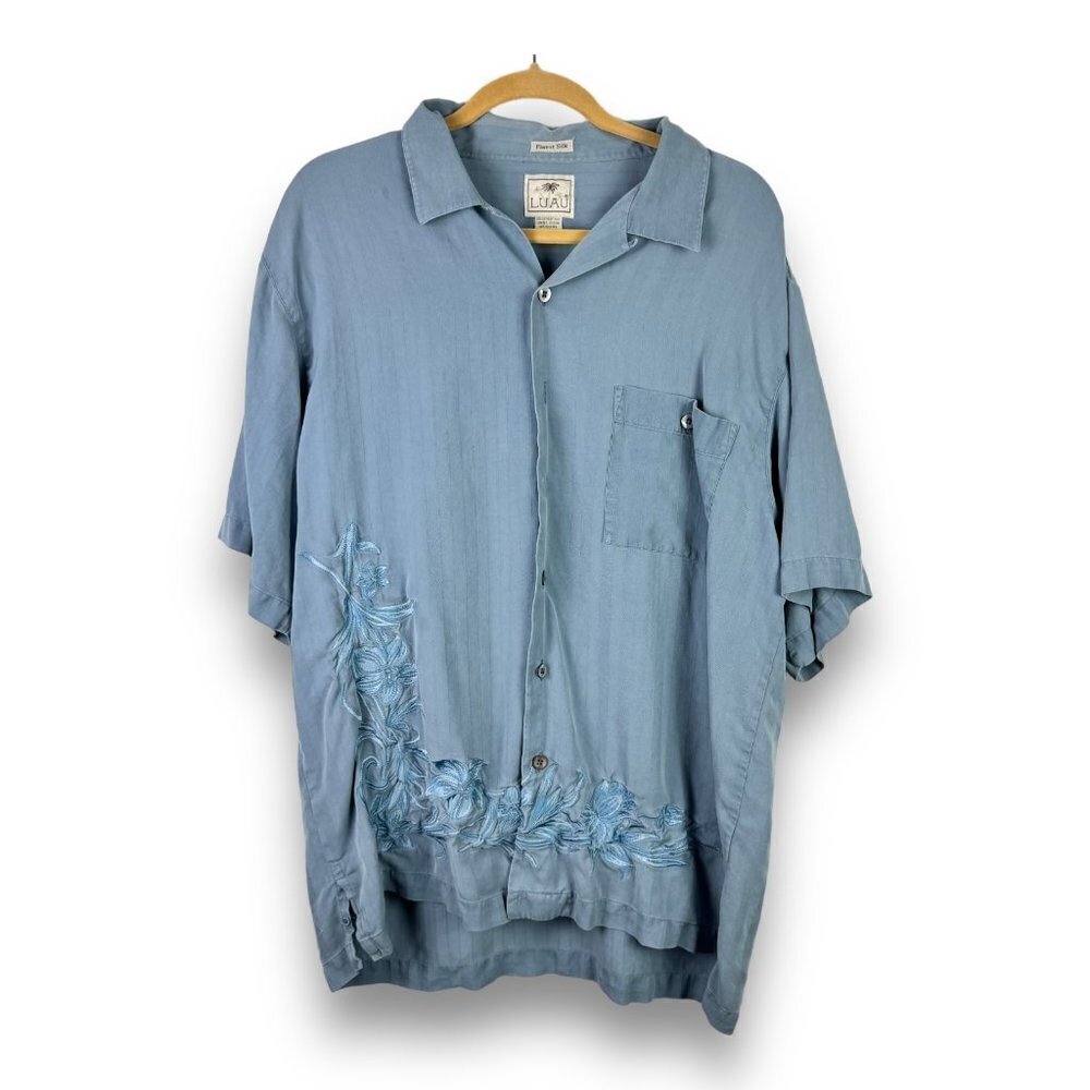 Luau Mens Sz L 100% Finest Silk Blue Hawaiian Short Sleeve Shirt Embroidery